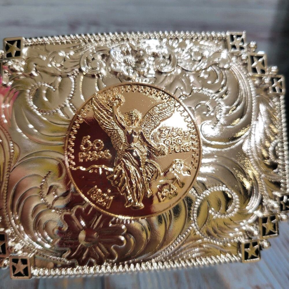 Centenario Cowboy Belt Buckle Western Hebilla Silver RoseGold Faux Mexican Peso